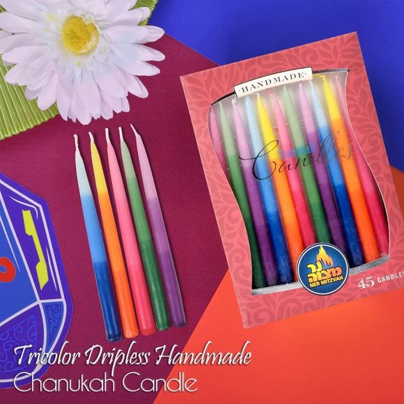 45 Tri Colored Hanukkah Candles Fits Most Menorahs Premium Quality Wax - Picture 2 of 5